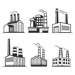 Fototapeta premium Illustration of various factory buildings with chimneys isolated on white background