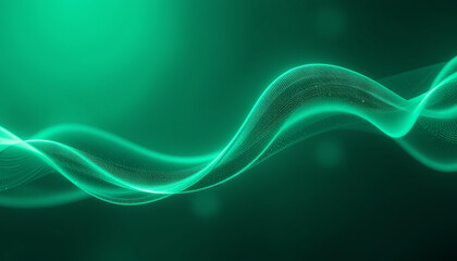 Vibrant green waves dance across a dark background, creating an abstract and modern visual effect. The smooth lines and glowing light form a captivating design