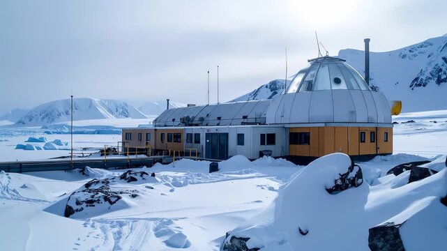 Research Station in Snowy Antarctica with Dome and Mountains Under White Sky Cold Landscape
