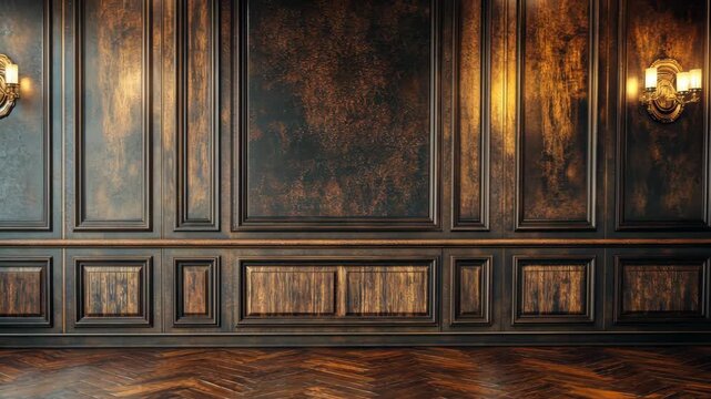 Luxurious Dark Wood Paneling with Ornate Sconces and Herringbone Floor.