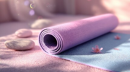 Pastel pink and blue yoga mats rolled on a soft pink surface with smooth stones and delicate flowers, soft lighting.