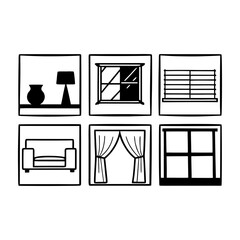 Collection of interior furniture and window icons isolated on white background
