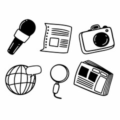 Illustration of journalism elements including microphone, paper, camera isolated on white background