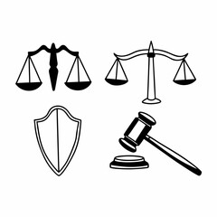 Illustration of justice elements including scale, shield, gavel isolated on white background