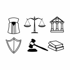 Illustration of justice symbols, including scales, gavel, shield, book isolated on white background