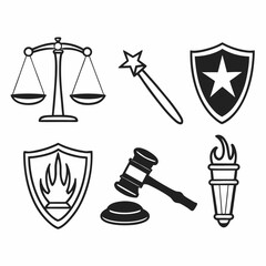 Scales, gavel, shield, star wand and torch isolated on white background
