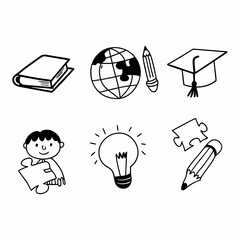 Illustration of education related objects, including book, globe, boy isolated on white background