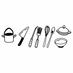 Illustration of kitchenware and cookware isolated on white background for culinary design