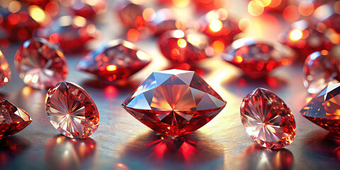 Red gemstones of various shapes and sizes glisten under soft lighting, creating a captivating visual effect on a smooth wooden surface, showcasing their beauty and brilliance