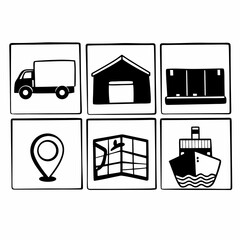 Illustration of logistics and transportation icons isolated on white background