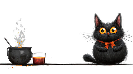 Cartoon Witch Cooking Potion in Big Cauldron with Happy Cat and Magical Smoke Effect