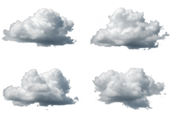 Four fluffy white and gray cumulus clouds isolated on transparent background, representing weather elements and atmosphere