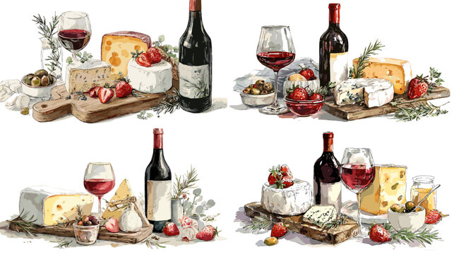 Elegant watercolor illustration of red wine bottles and assorted cheeses with strawberries and herbs. Perfect for restaurant menu, winery branding, and gourmet food artwork.