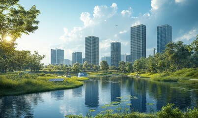Naklejka premium Urban project planning with a focus on green sustainable design. The image depicts eco-friendly spaces that promote energy efficiency and the integration of renewable energy sources, Generative AI