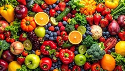 Colorful assortment of fresh fruits and vegetables including peppers, oranges, berries, apples, broccoli, and leafy greens.