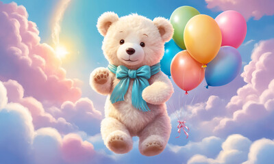 A cute teddy bear floating with colorful balloons among fluffy clouds in a fairy-tale sunset.