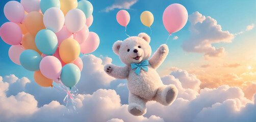 A cute teddy bear floating with colorful balloons among fluffy clouds in a fairy-tale sunset.