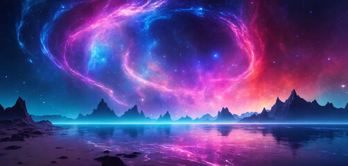 Vibrant Fantasy Landscape with Aurora Sky and Alien Mountains