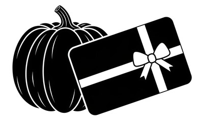Black and white illustration of a pumpkin next to a gift card with a ribbon