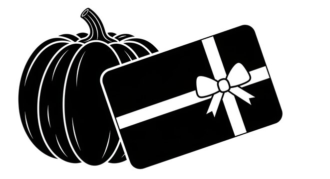 Black and white illustration of a pumpkin next to a gift card with a ribbon