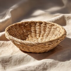 Obraz premium A shallow, round woven basket rests on a beige fabric background. Sunlight illuminates the basket's texture.