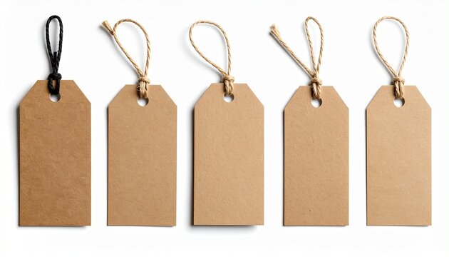 Five brown rectangular tags with rounded tops and looped strings arranged side by side on white background.