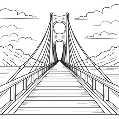 River Bridge with Flowers, Clouds, and Scenic Landscape - Perfect Kids’ Nature Illustration