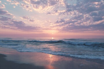Fototapeta premium Soft-focus sunrise over a beach. Gentle waves lap at the shore