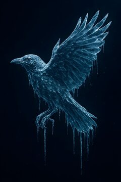 Ethereal ice raven taking flight against inky blackness creates a sense of chilling mystery and stark beauty for fantasy concepts