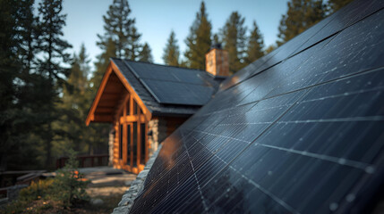 Obraz premium Mountain vacation home featuring embedded solar panels generates serene feeling of sustainable living and environmental responsibility