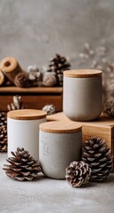 Three ceramic jars with wooden lids and pinecones, rustic, cozy vibe