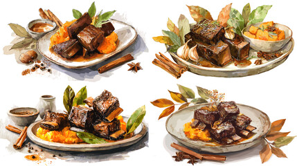 Delicious watercolor illustration of braised short ribs with mashed pumpkin, spices, and herbs. Perfect for autumn restaurant menu, cozy dinner design, and culinary artwork.