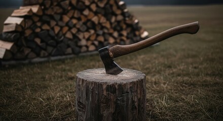 An axe embedded in a tree stump with a stack of firewood in the background on a grassy field.
