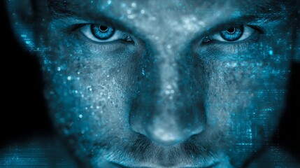 Intense blue eyes stare out from a digitally enhanced face, representing AI and future technology.
