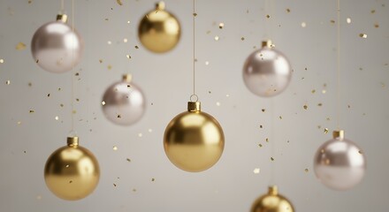 Numerous shiny gold and pale pink Christmas ornaments suspended on strings with golden confetti falling around them Baubles Festive Decoration Holiday