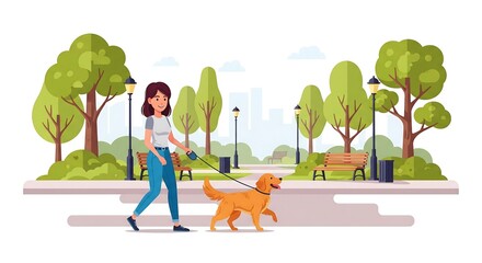 Woman happily walks her golden retriever dog in a sunny park.