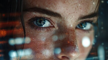 Intense gaze of a young woman with freckles, reflecting city lights, conveying deep thought and contemplation.