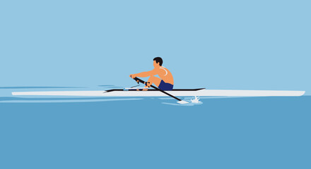 Fototapeta premium Minimalist rowing illustration depicting athlete in single scull on water