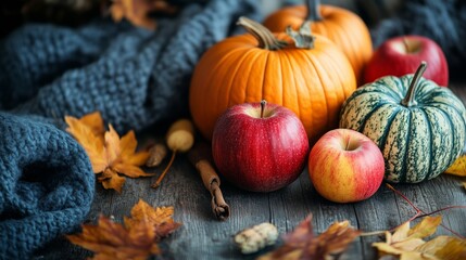 Harvest display of pumpkins and apples on a wooden table surrounded by autumn leaves and a cozy knit blanket