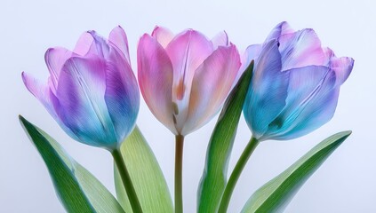 Three colorful tulips with pastel hues and green stems against a white backdrop