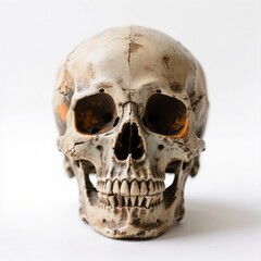 Fototapeta premium Close-up of distressed, aged Halloween skull vintage, style. Concept of Halloween skull vintage highlighting unique texture and detail against plain white background.