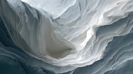 Abstract layered white and grey cliff-like forms, a hole in the middle