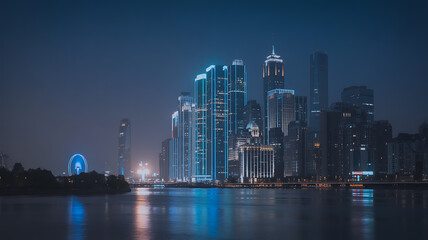 Fototapeta premium Modern City Skyline at Night with Illuminated Skyscrapers