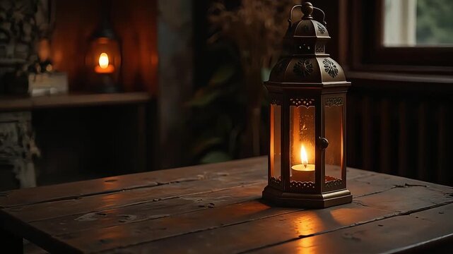 Warm glowing lantern casts cozy ambiance on rustic wooden table, creating a peaceful, inviting atmosphere.