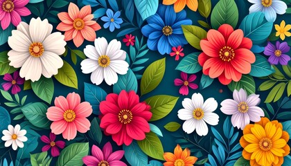 Colorful mix of vibrant flowers and green leaves on a white background, showcasing botanical diversity.