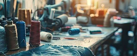 Tools on table in tailoring atelier, pins and threads used for manufacturing clothes. Tailor workshop filled with fashion industry equipment, custom made clothing line. Close up.