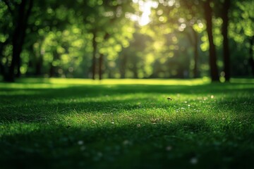 Naklejka premium Sunlight Filters Through Trees, Illuminating Green Grass in a Peaceful Park Setting
