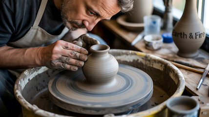 Fototapeta premium Skilled Potter Shaping Clay Vase on Pottery Wheel in Workshop