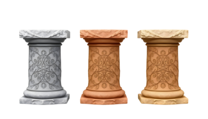 Three Decorative Pillars with Ornate Floral Carvings