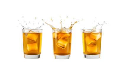 Whiskey on the rocks with ice cubes, three variations